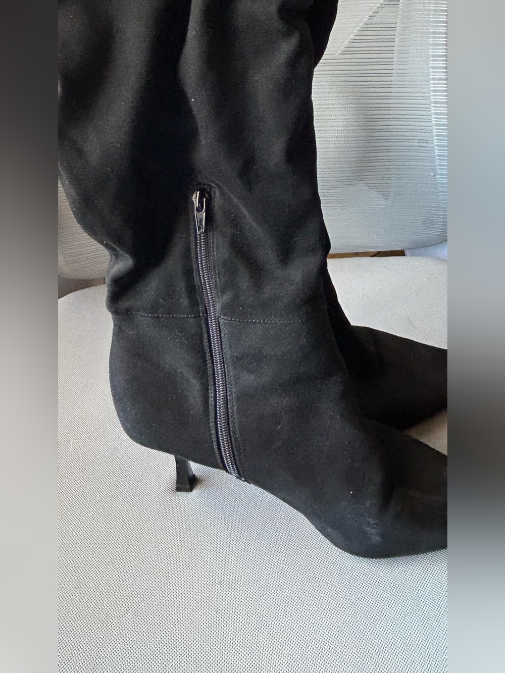 Black Suede Knee-High Zip Stiletto Boots - Picture 1 of 7
